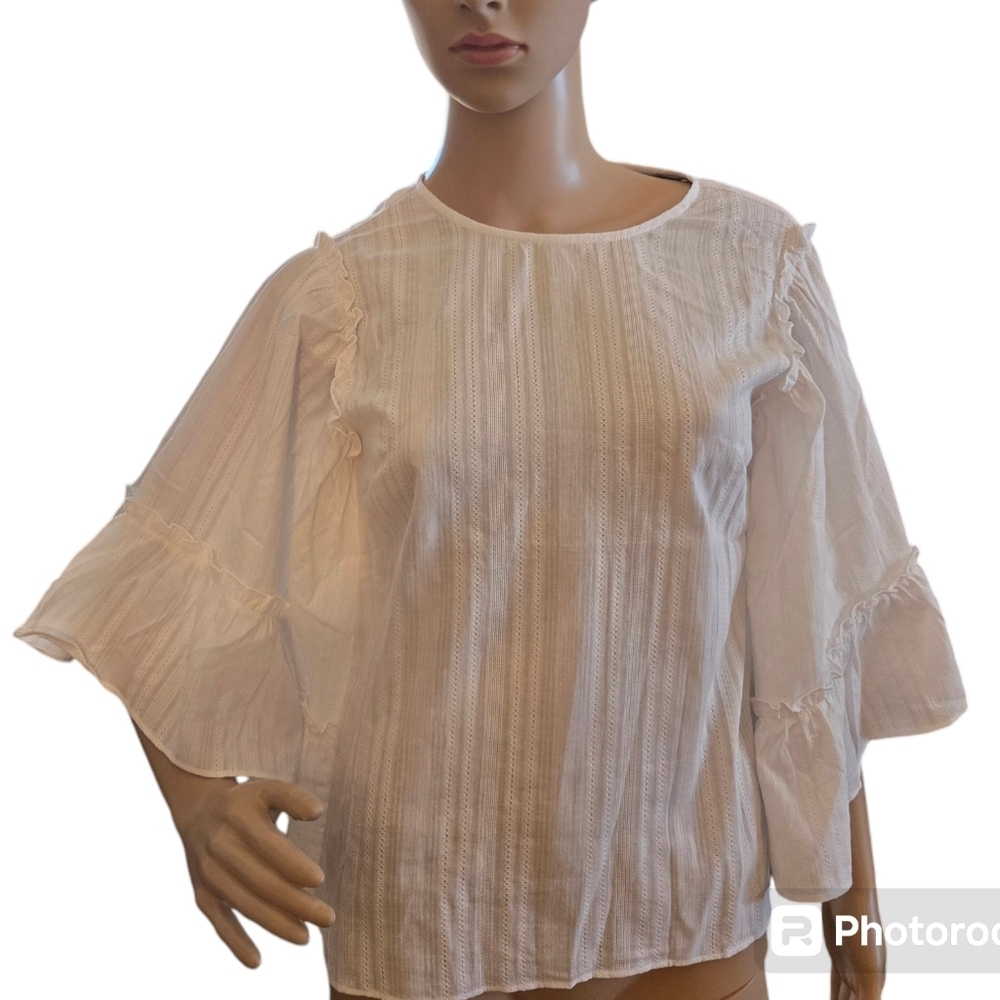 English Factory Womens Ruffle Wide Sleeve Top All Over Stripe Linen White Sz XS - Picture 2 of 8